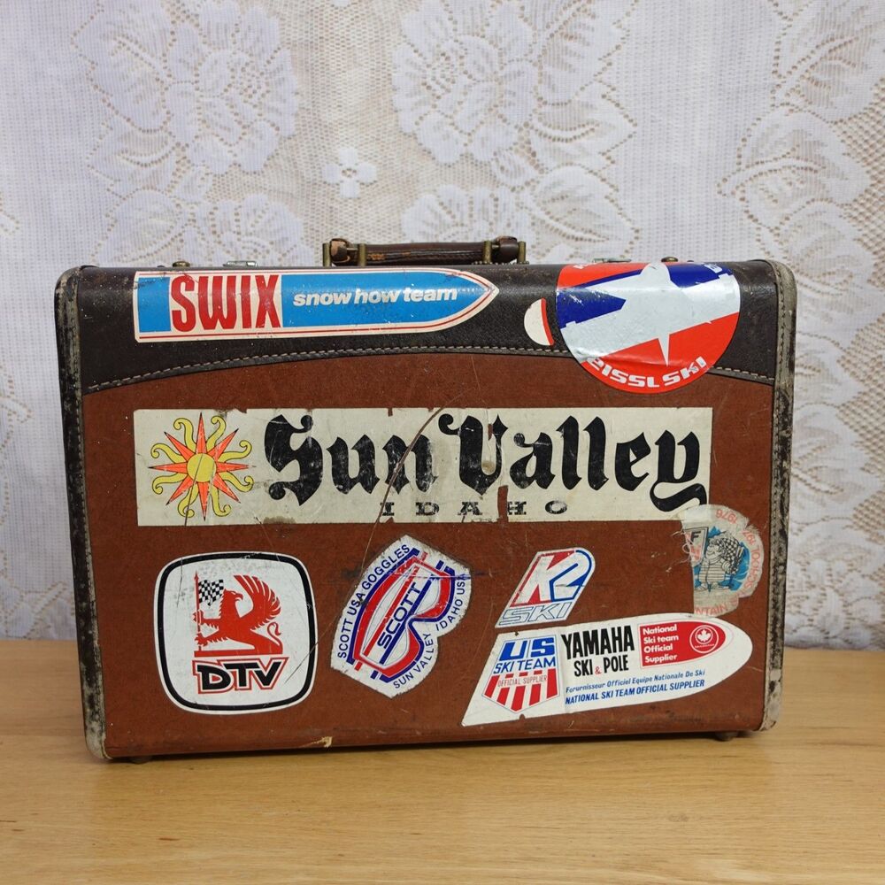McBrine Baggage Vintage Suitcase Sun Valley 1970s Ski Team Travel Stickers READ